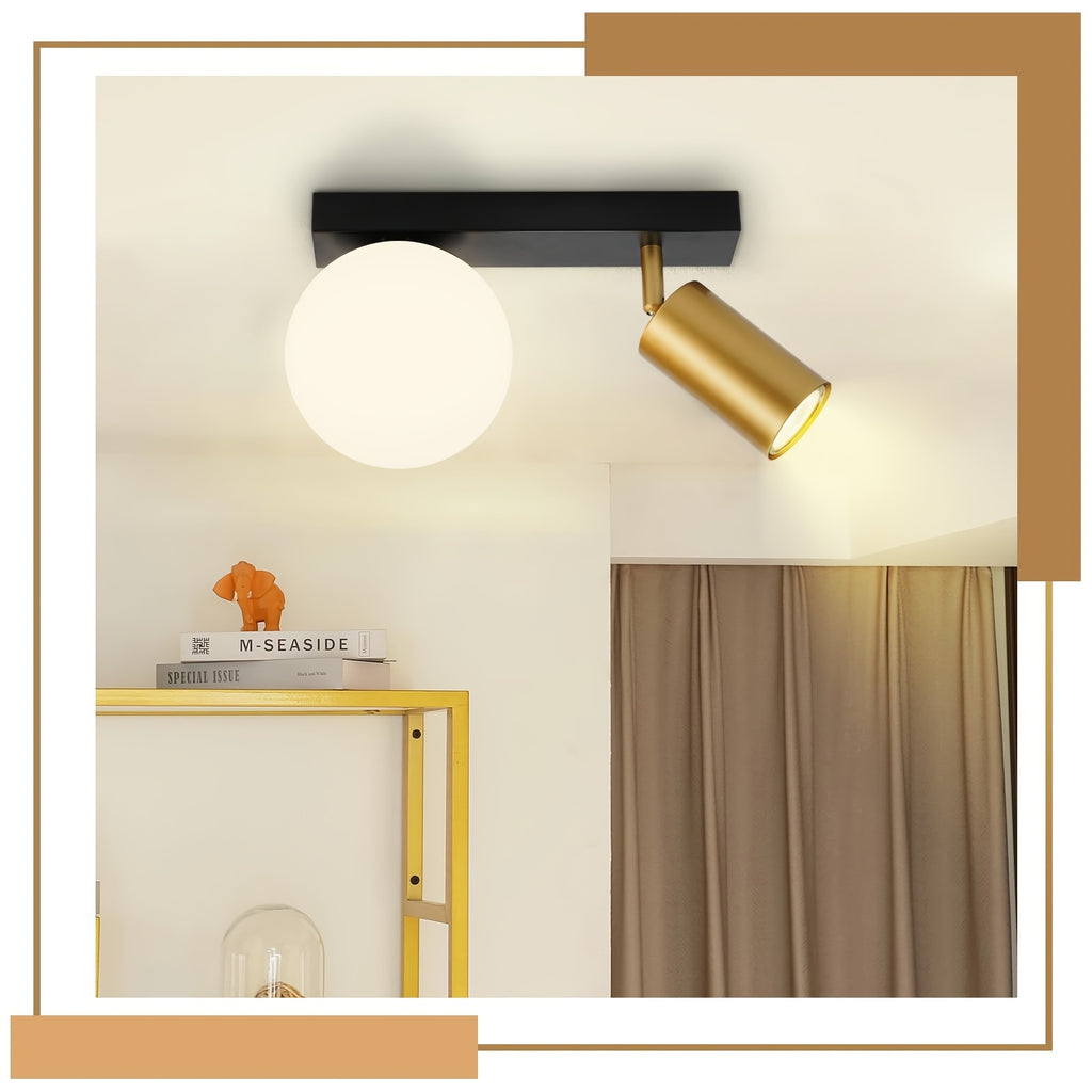 Plafonnier globe en verre opalin et spot GU10 orientable