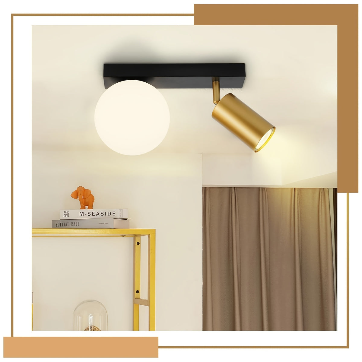 Plafonnier globe en verre opalin et spot GU10 orientable