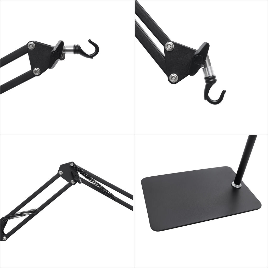 Support de lampe sur pied noir, bras à ressorts et crochet pivotant