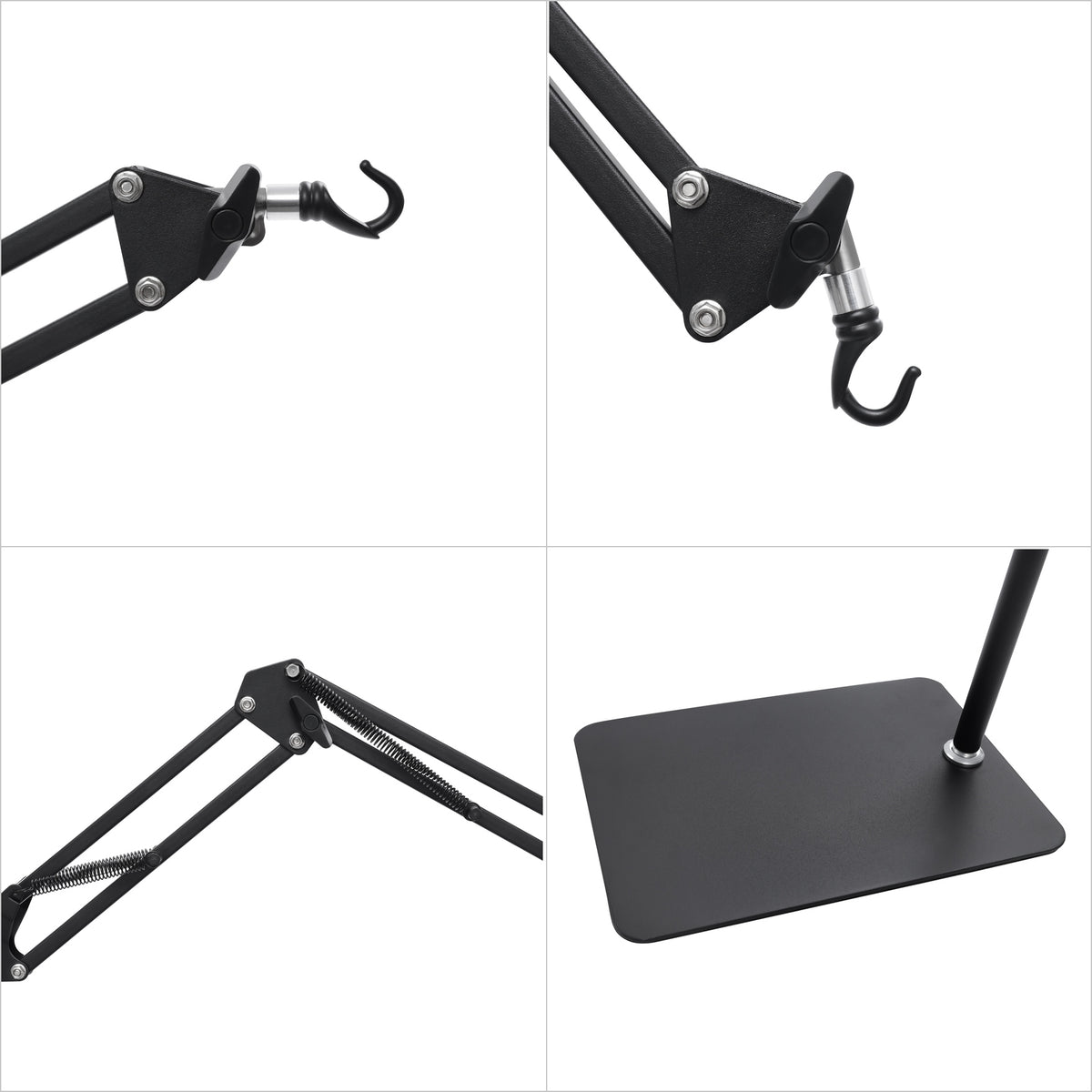 Support de lampe sur pied noir, bras à ressorts et crochet pivotant