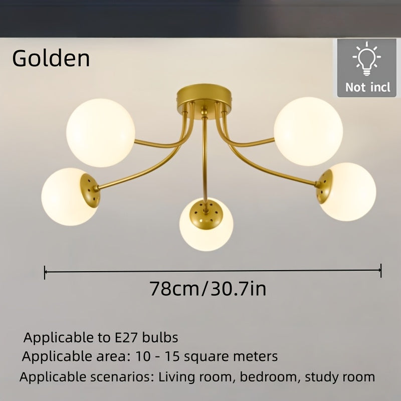 Plafonnier 5 globes en verre opalin, bras doré ou noir, 78 cm