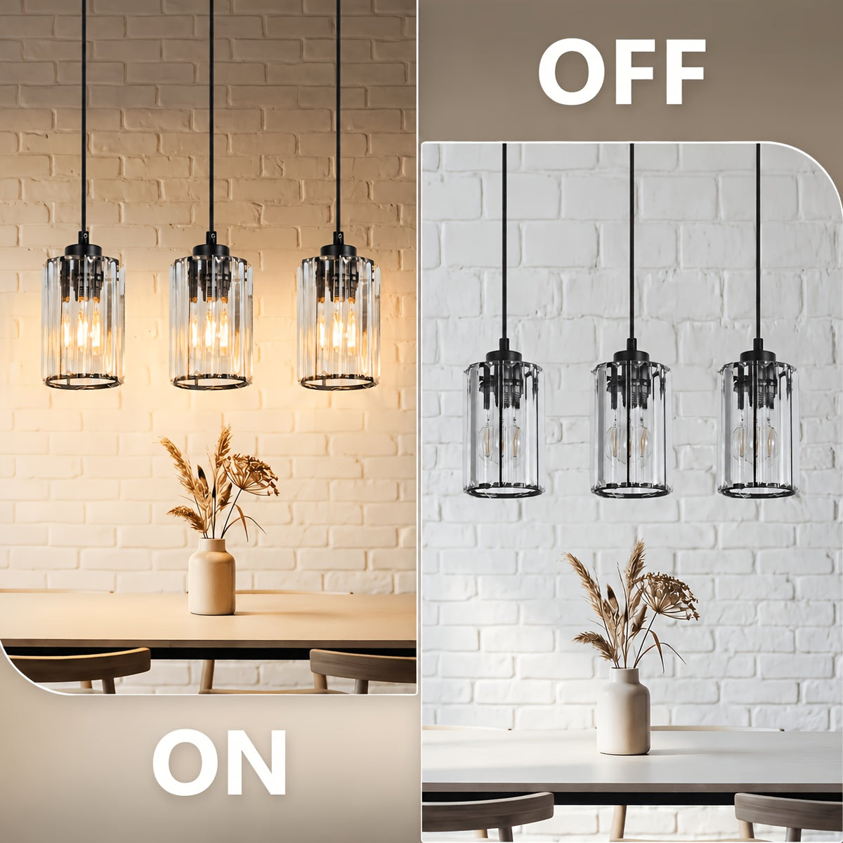 Suspension 3 ou 4 cylindres en verre taillé, barre noire 40 ou 58 cm