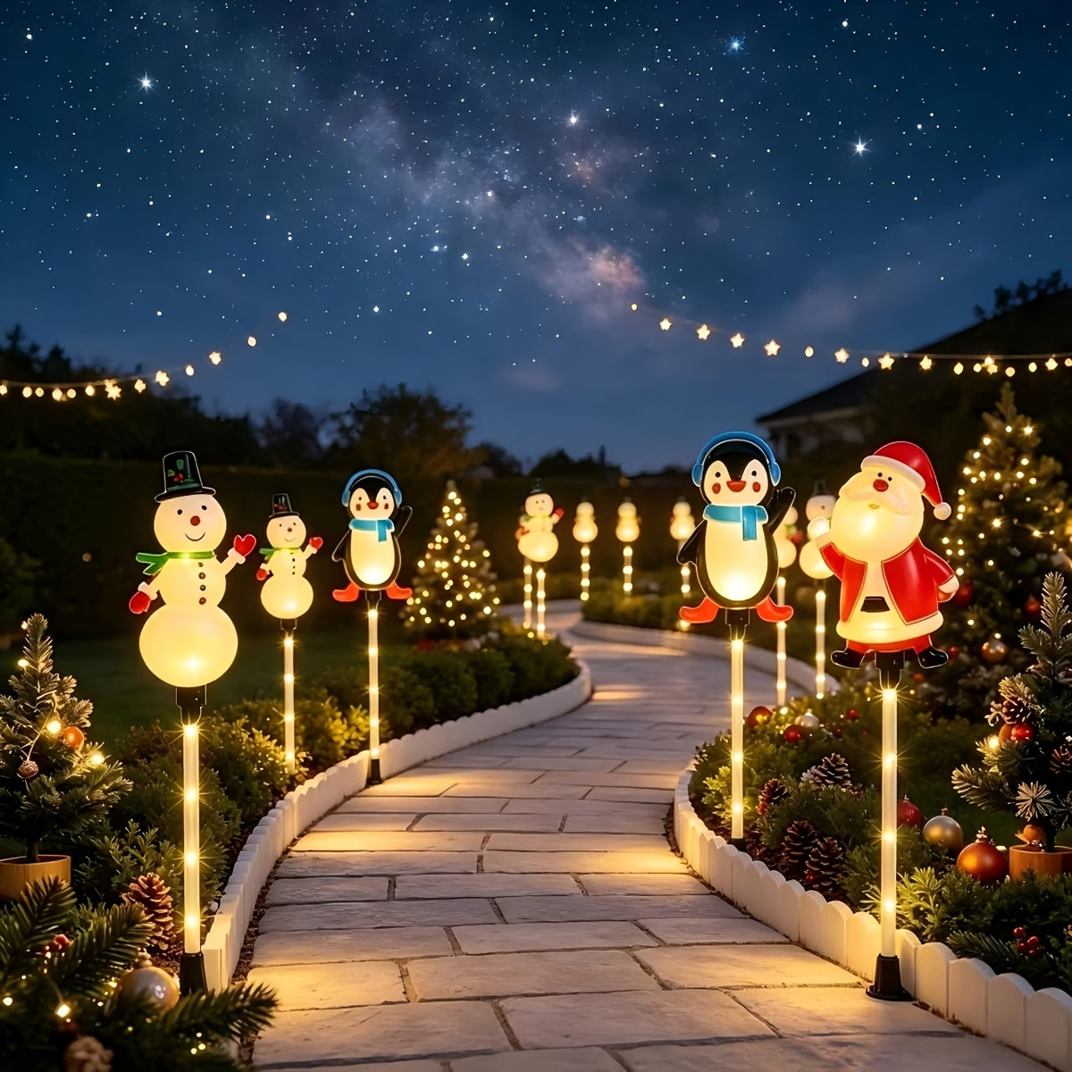 Lampe solaire de Noël à piquets, bonhommes de neige et pingouins