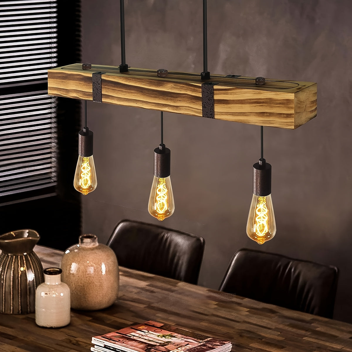 Suspension poutre effet bois brûlé, 3 ou 4 lumières, douilles E27