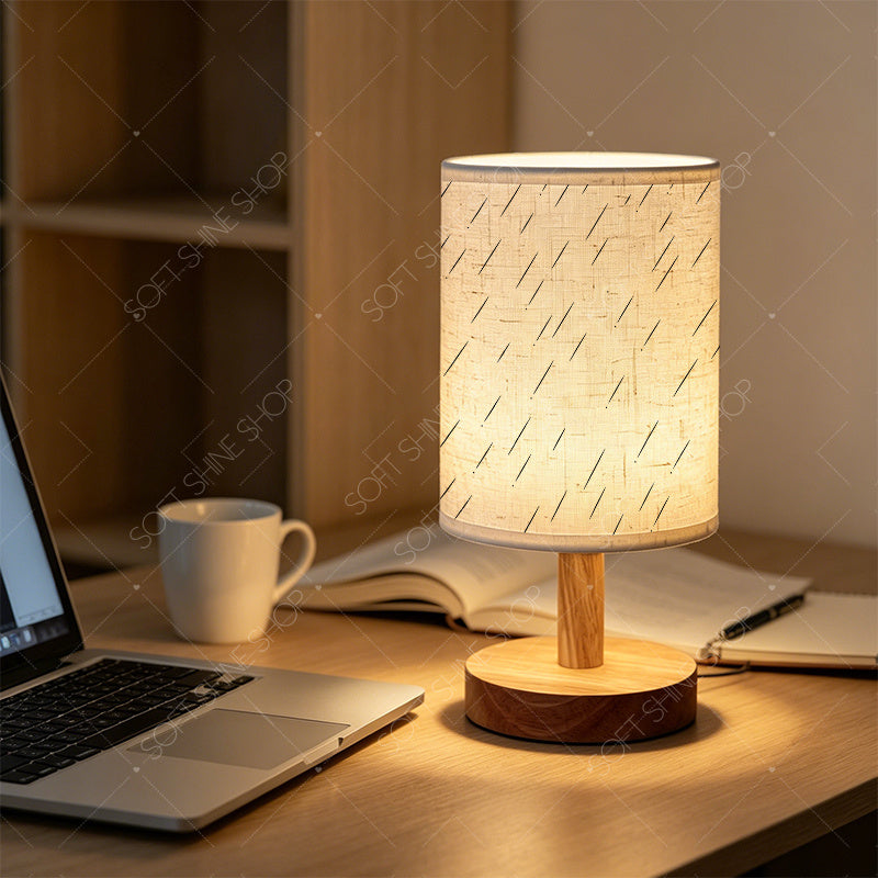 Lampe de table effet bois clair, abat-jour à traits obliques, USB