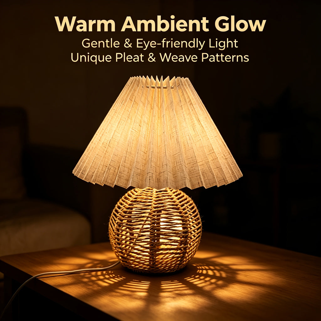 Lampe de chevet bohème, abat-jour plissé en lin et pied en corde