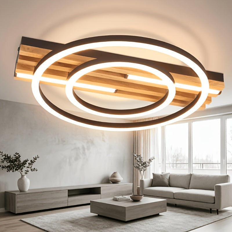 Plafonnier LED compact 38 cm, lattes de bois et cadres noirs
