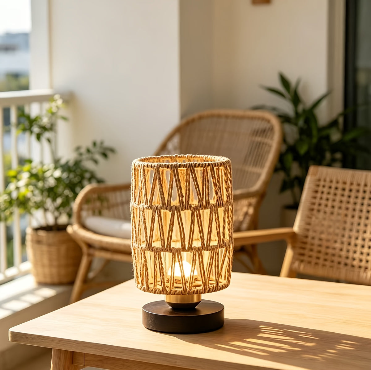 Lampe de chevet en corde tressée sur socle noir