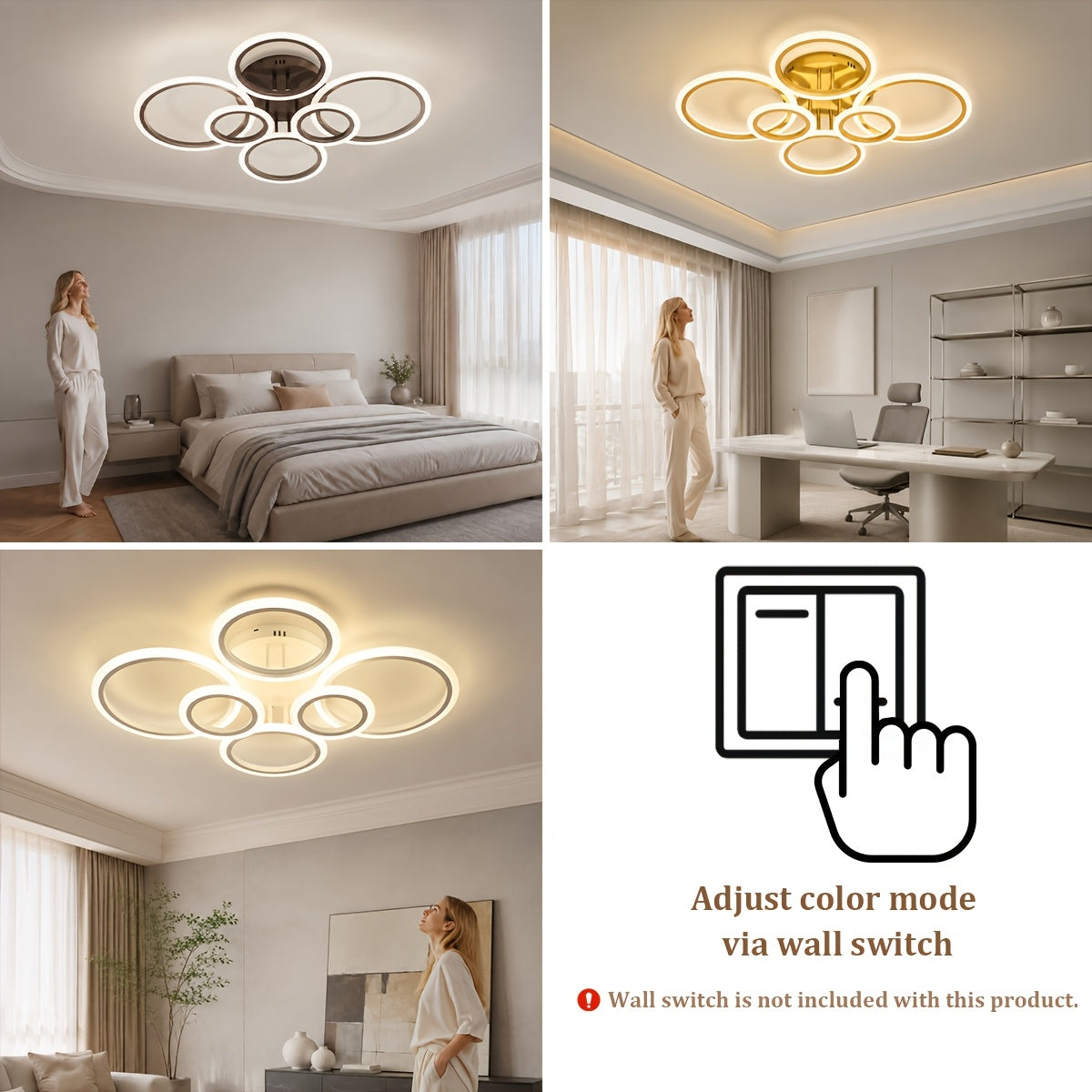 Grand plafonnier LED à 6 anneaux, doré ou noir, 79 cm, trois teintes
