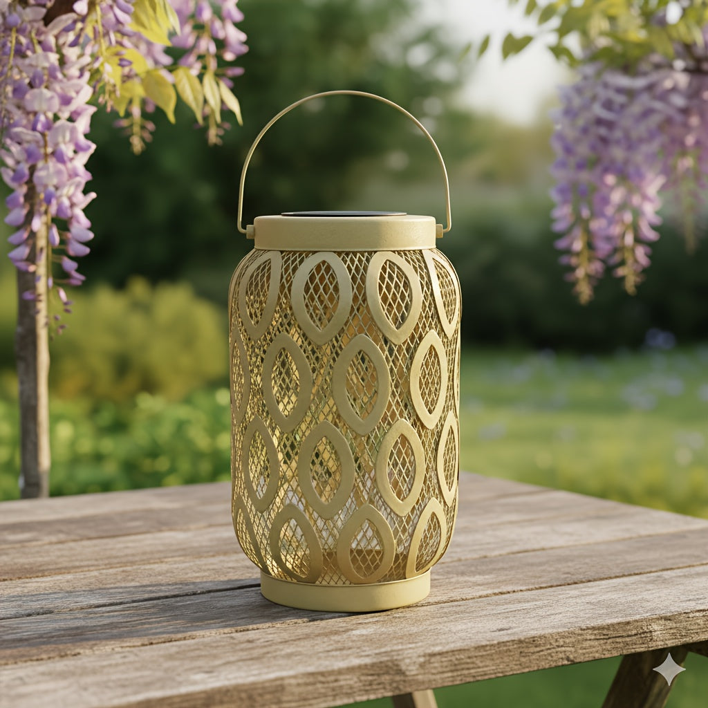 Lanterne solaire ajourée en métal kaki à anse, 29 cm, IP44