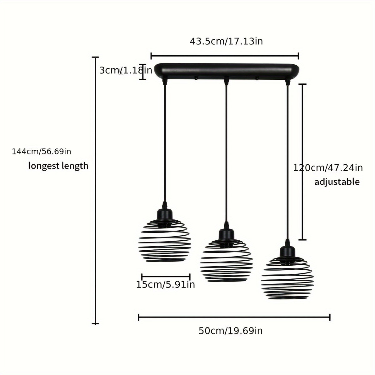 Suspension 3 lumières sur barre en métal noir, douilles E27