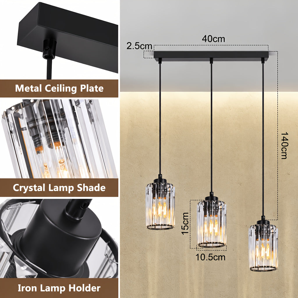 Suspension 3 ou 4 cylindres en verre taillé, barre noire 40 ou 58 cm