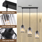 Suspension 3 ou 4 cylindres en verre taillé, barre noire 40 ou 58 cm