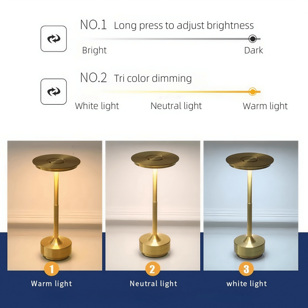 Lampe de table sans fil dorée à tête disque, tactile et rechargeable