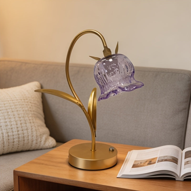 Lampe fleur de muguet sans fil, clochette en verre lilas et tige dorée