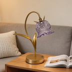 Lampe fleur de muguet sans fil, clochette en verre lilas et tige dorée