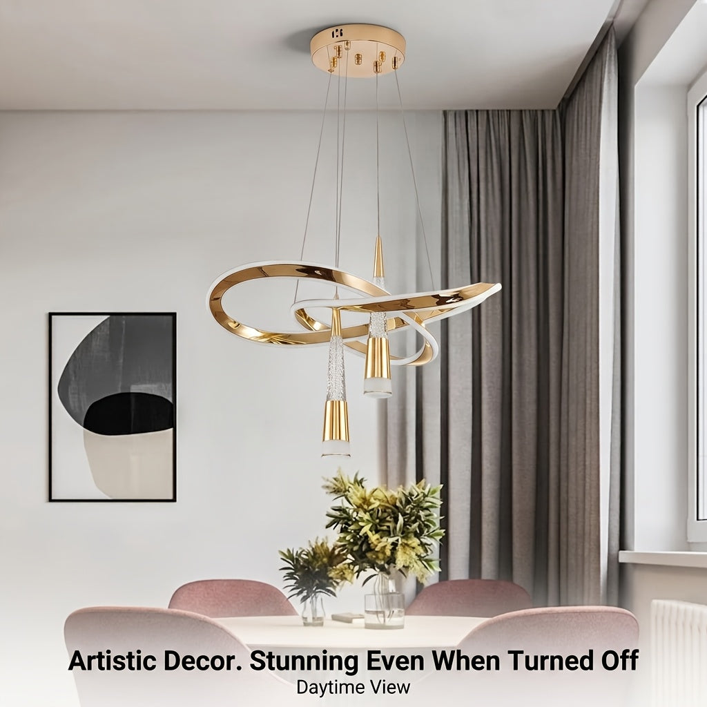 Lustre LED doré à rubans entrelacés et deux cônes, trois teintes