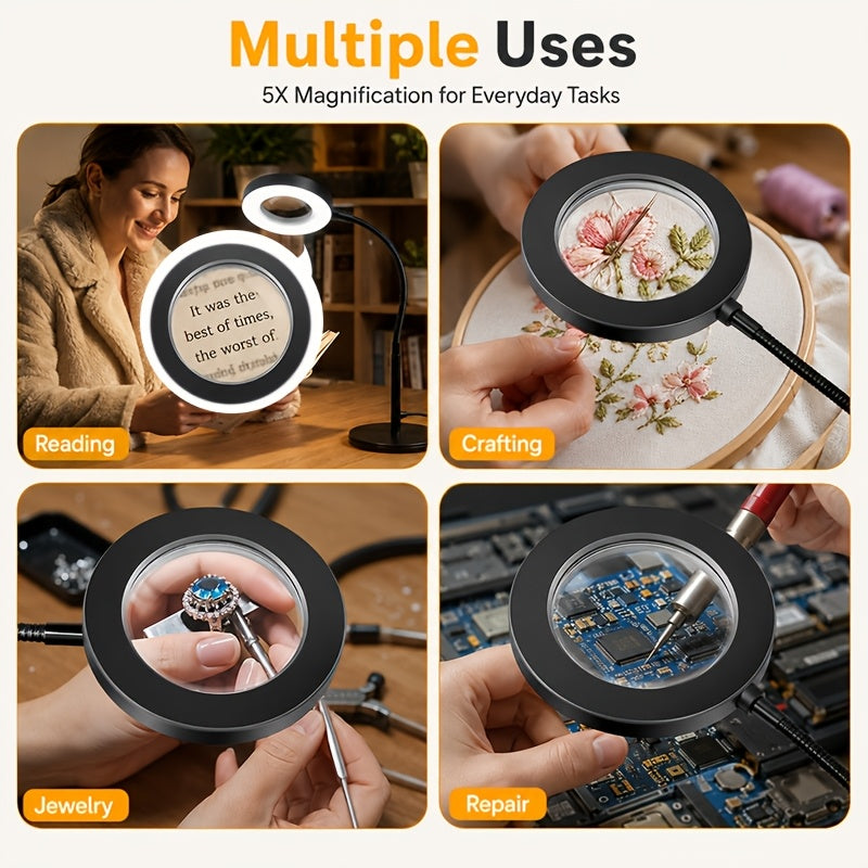 Lampe de bureau LED à loupe x5 et col de cygne, 3 teintes USB