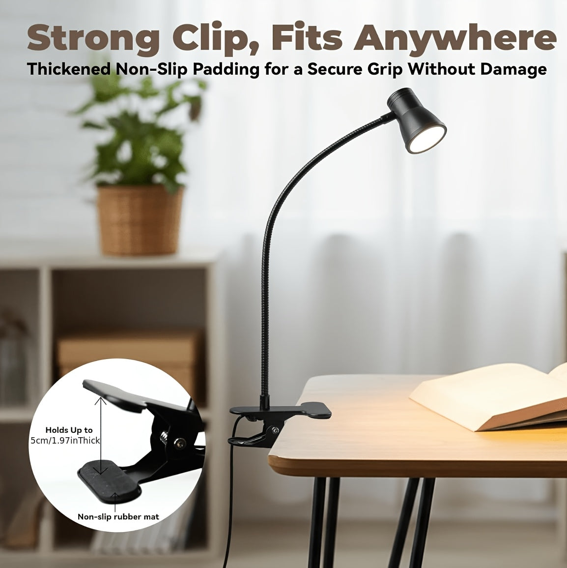Lampe de lecture à pince noire en trompette, tête de 6 cm, USB