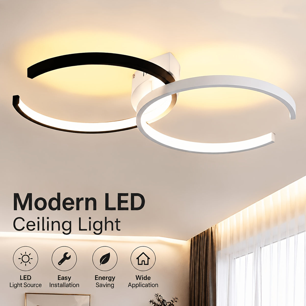 Plafonnier LED à deux arcs noir et blanc, 54 cm, trois teintes