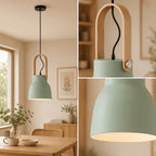 Suspension cloche vert sauge, gris ou rose, anse effet bois