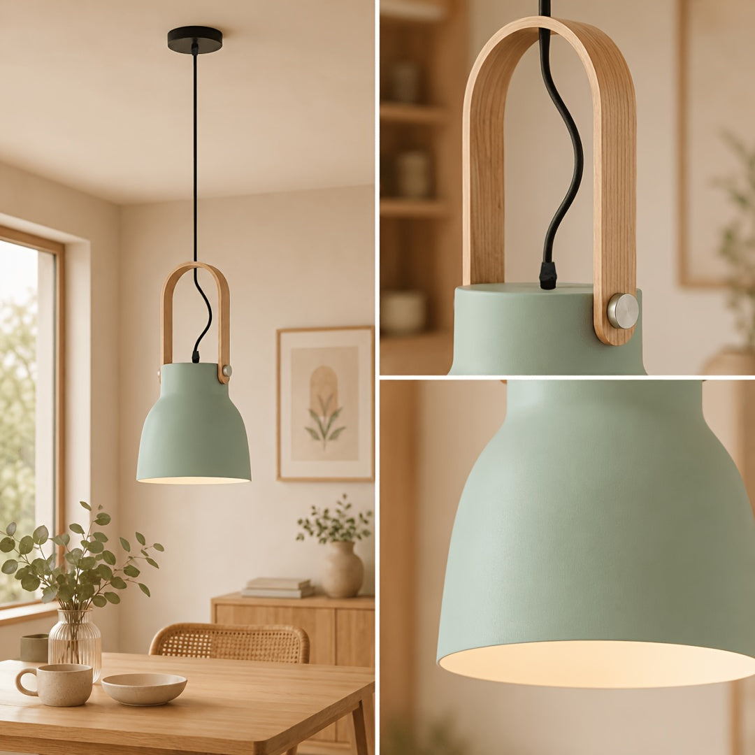 Suspension cloche vert sauge, gris ou rose, anse effet bois