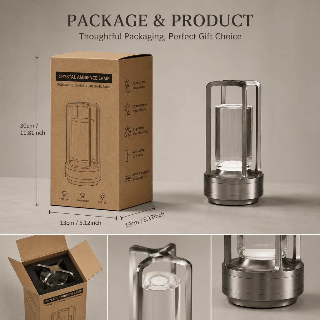 Lampe de table sans fil façon lanterne, cylindre cristal et métal