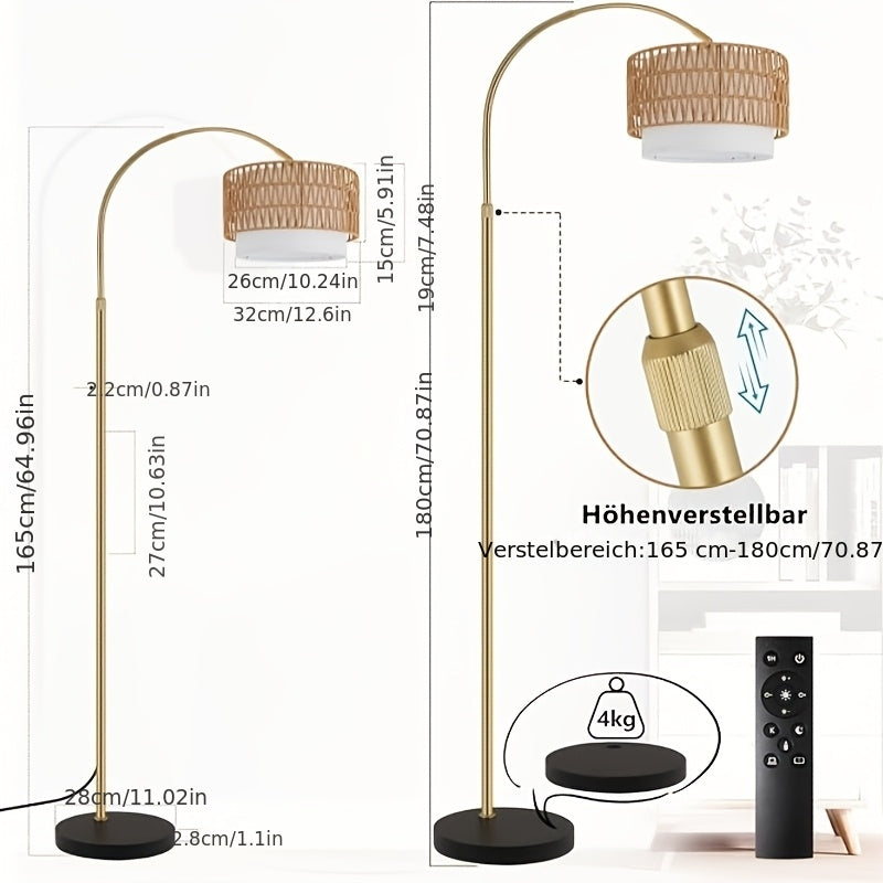 Lampadaire arc à abat-jour en rotin tressé, télécommande, 180 cm