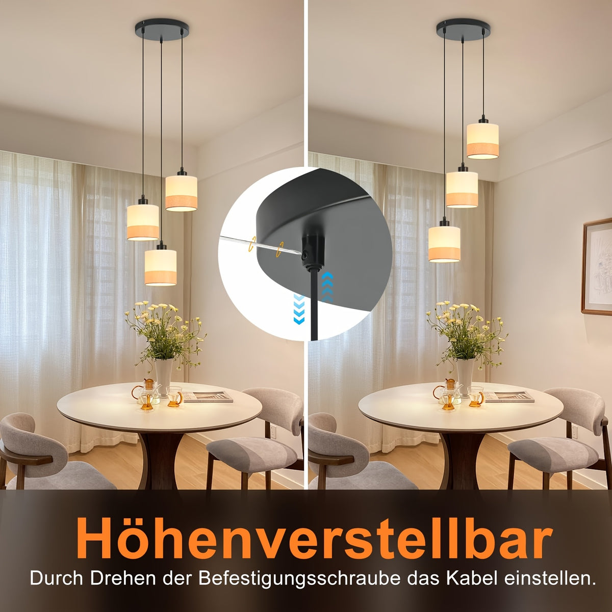 Suspension 3 lumières en tissu blanc à bande beige, rosace ou barre