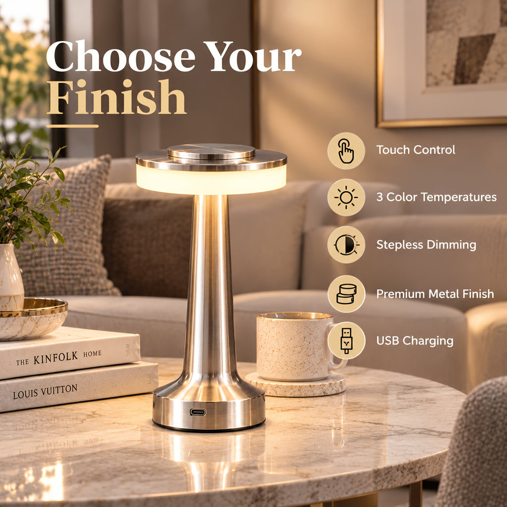 Lampe de table sans fil en métal brossé, tête plate tactile Ø 12 cm