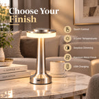 Lampe de table sans fil en métal brossé, tête plate tactile Ø 12 cm