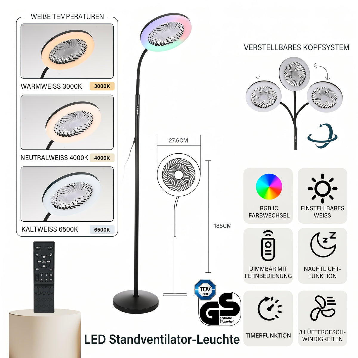 Lampadaire LED ventilateur 2 en 1 avec anneau RVB et télécommande