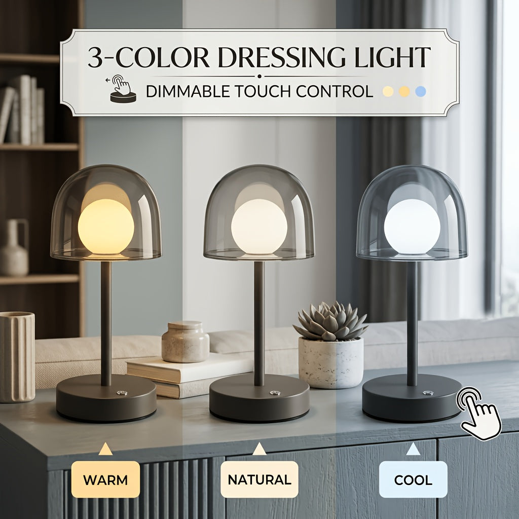 Lampe de table LED sans fil à dôme fumé et globe opalin, grise