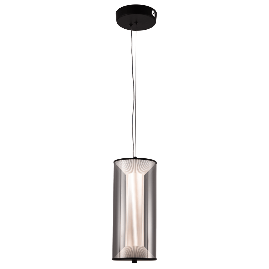 Suspension LED cylindre noir à diffuseur plissé et voile fumé, 29 W