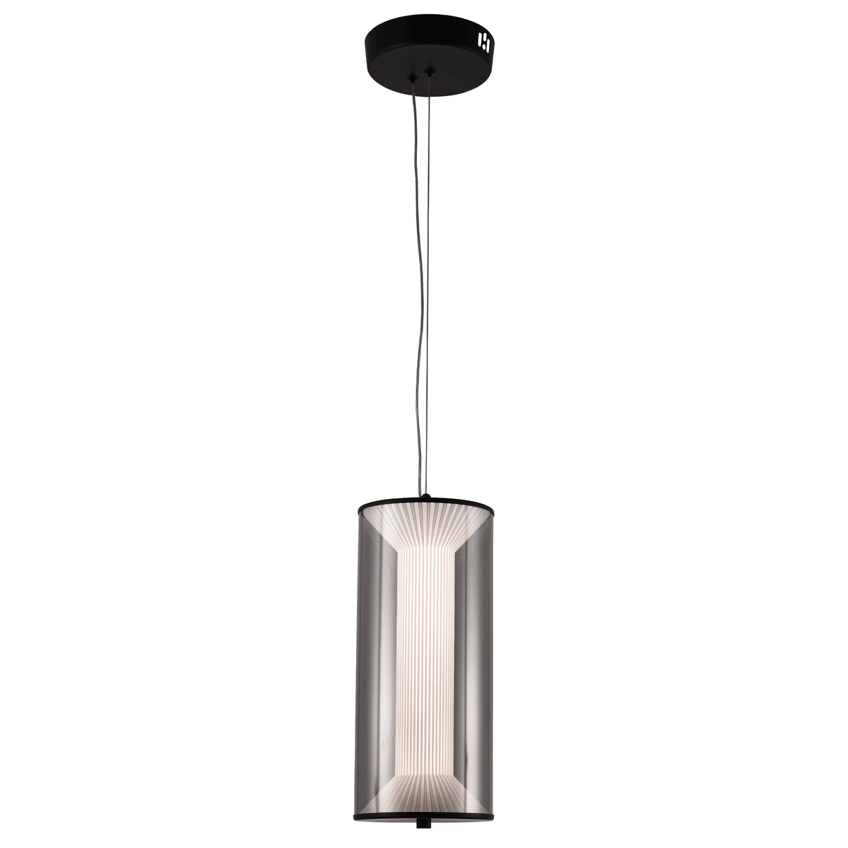 Suspension LED cylindre noir à diffuseur plissé et voile fumé, 29 W