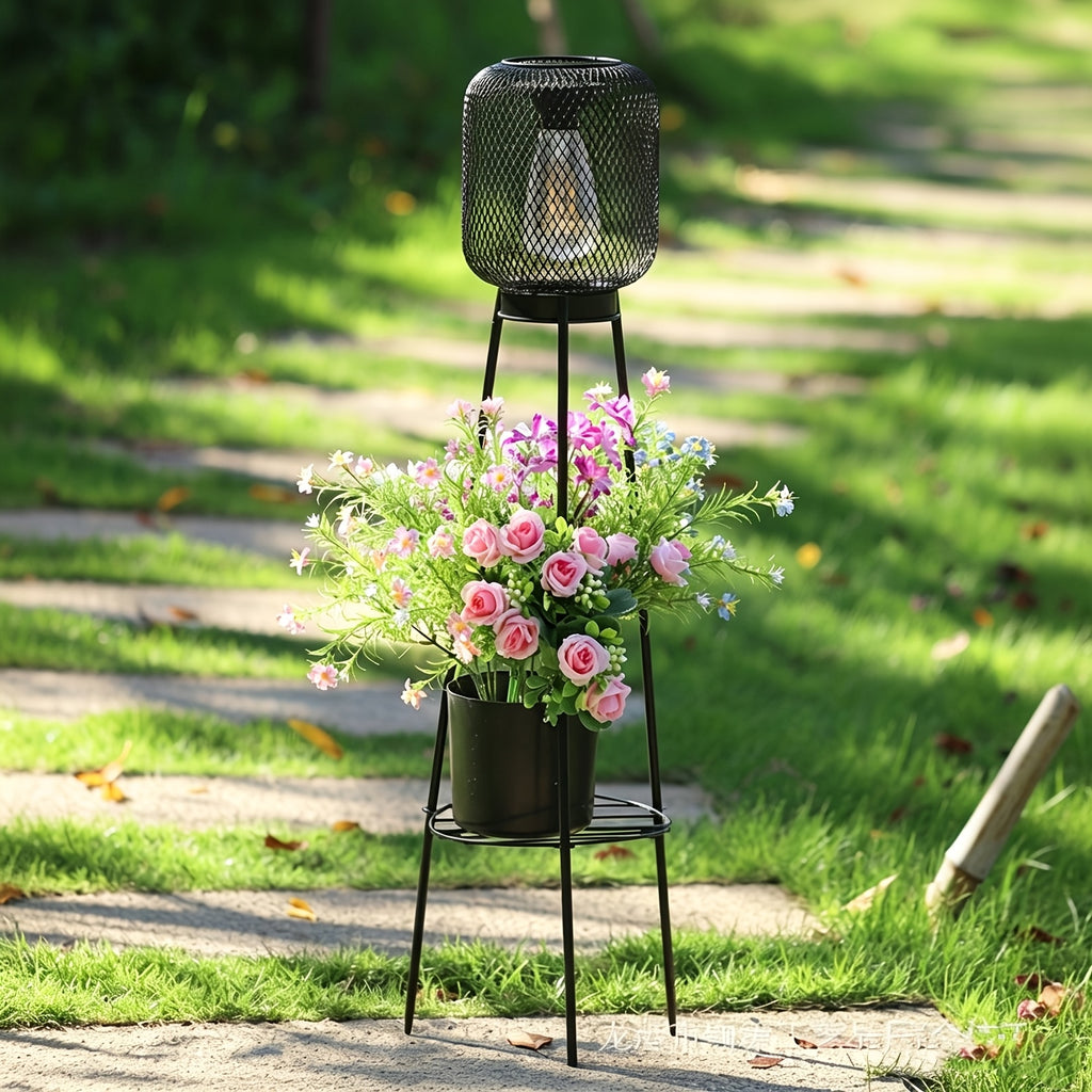 Lampadaire solaire trépied à lanterne grillagée et support de pot