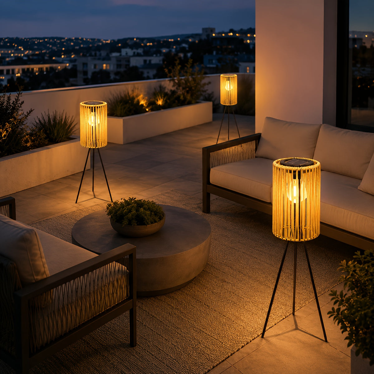 Lampadaire solaire trépied 78 cm, lanterne tressée effet rotin