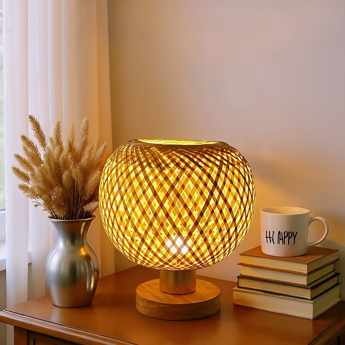 Lampe de chevet boule en bambou tressé croisé, 22 cm, câble USB