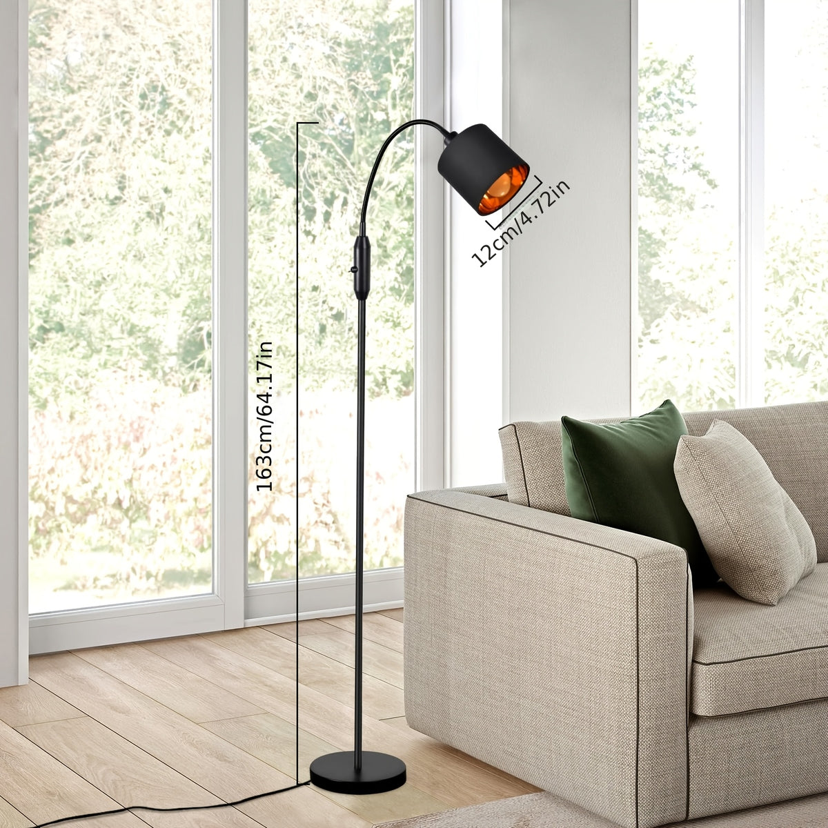 Lampadaire liseuse noir à col flexible, abat-jour à intérieur cuivré