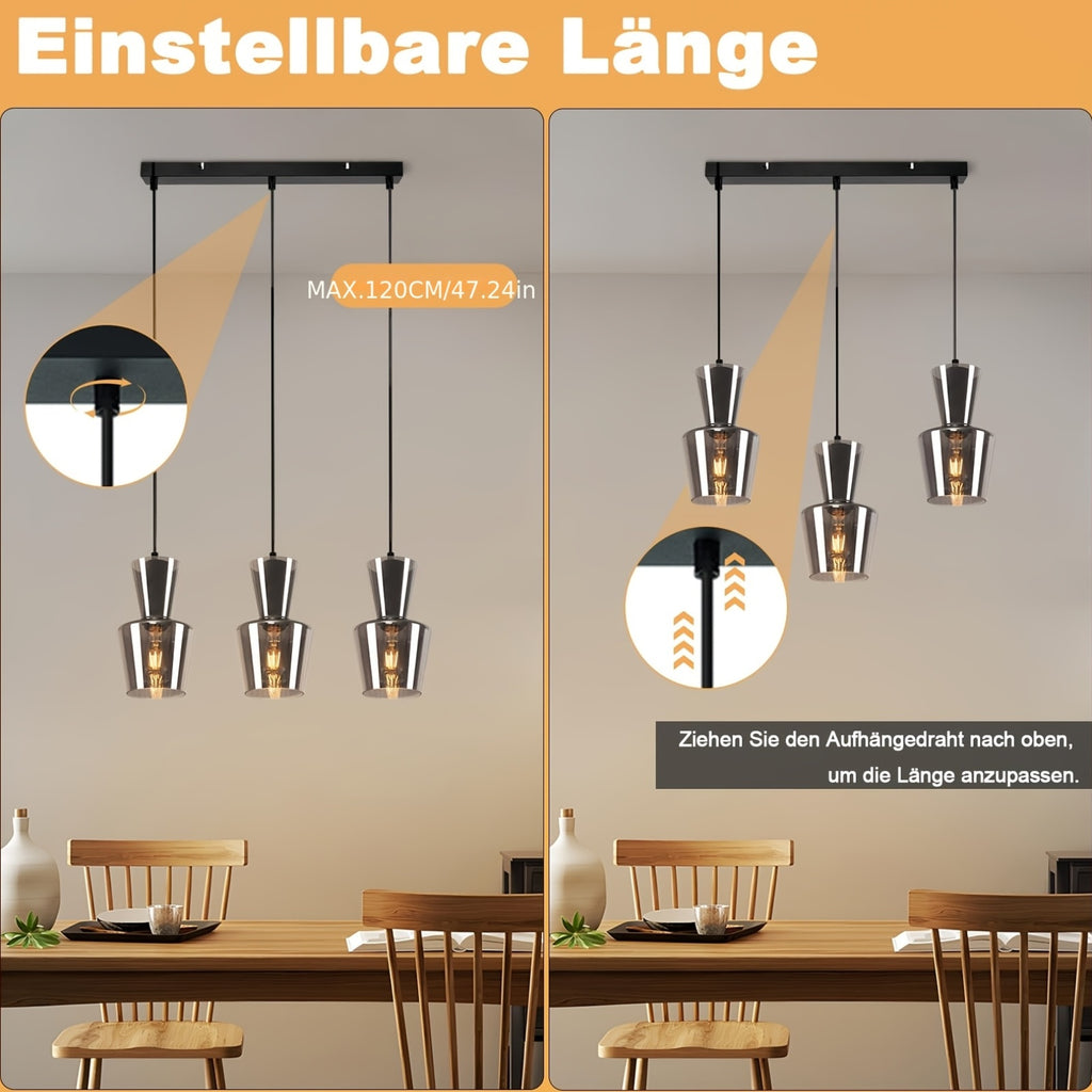 Suspension 3 tulipes en verre gris fumé, câbles jusqu'à 150 cm