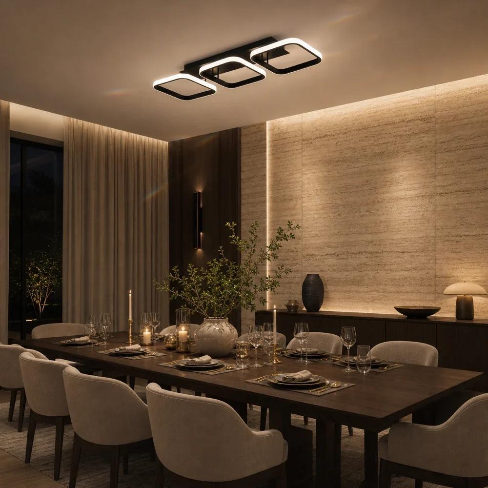 Plafonnier LED à trois carrés lumineux noirs, 53 cm, trois teintes