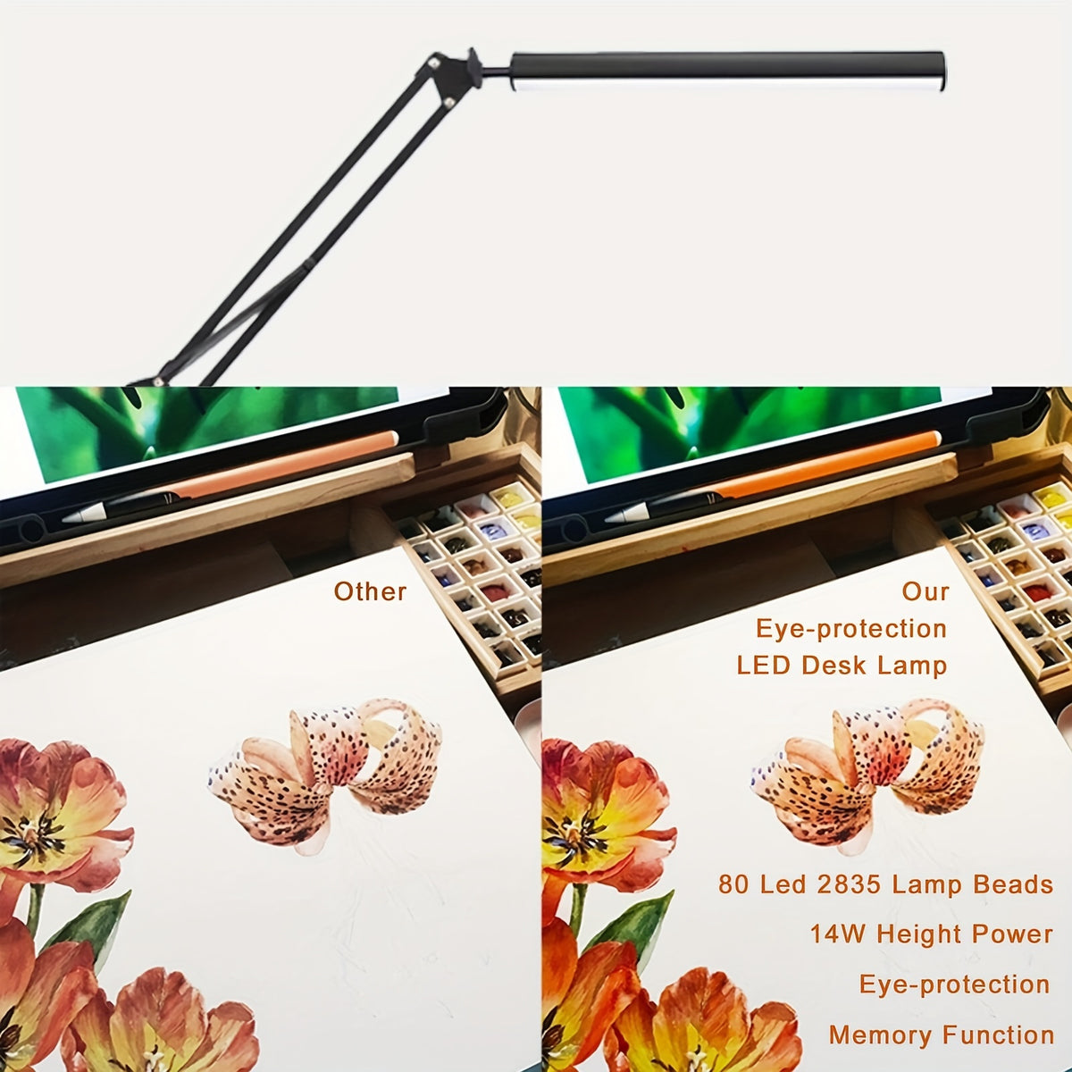 Lampe de bureau LED à pince, bras articulé noir et barre de 33 cm
