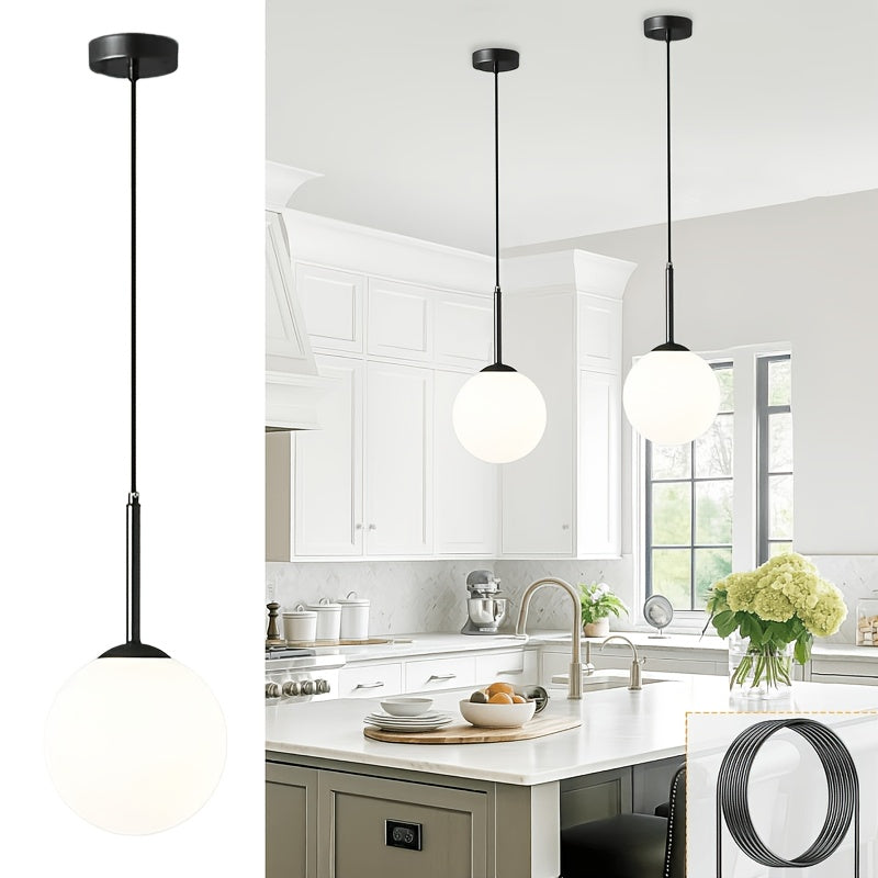 Suspension boule en verre opalin blanc Ø 20 cm, tige noire