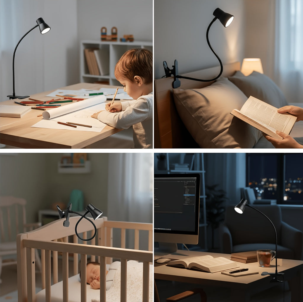 Lampe de lecture à pince noire en trompette, tête de 6 cm, USB