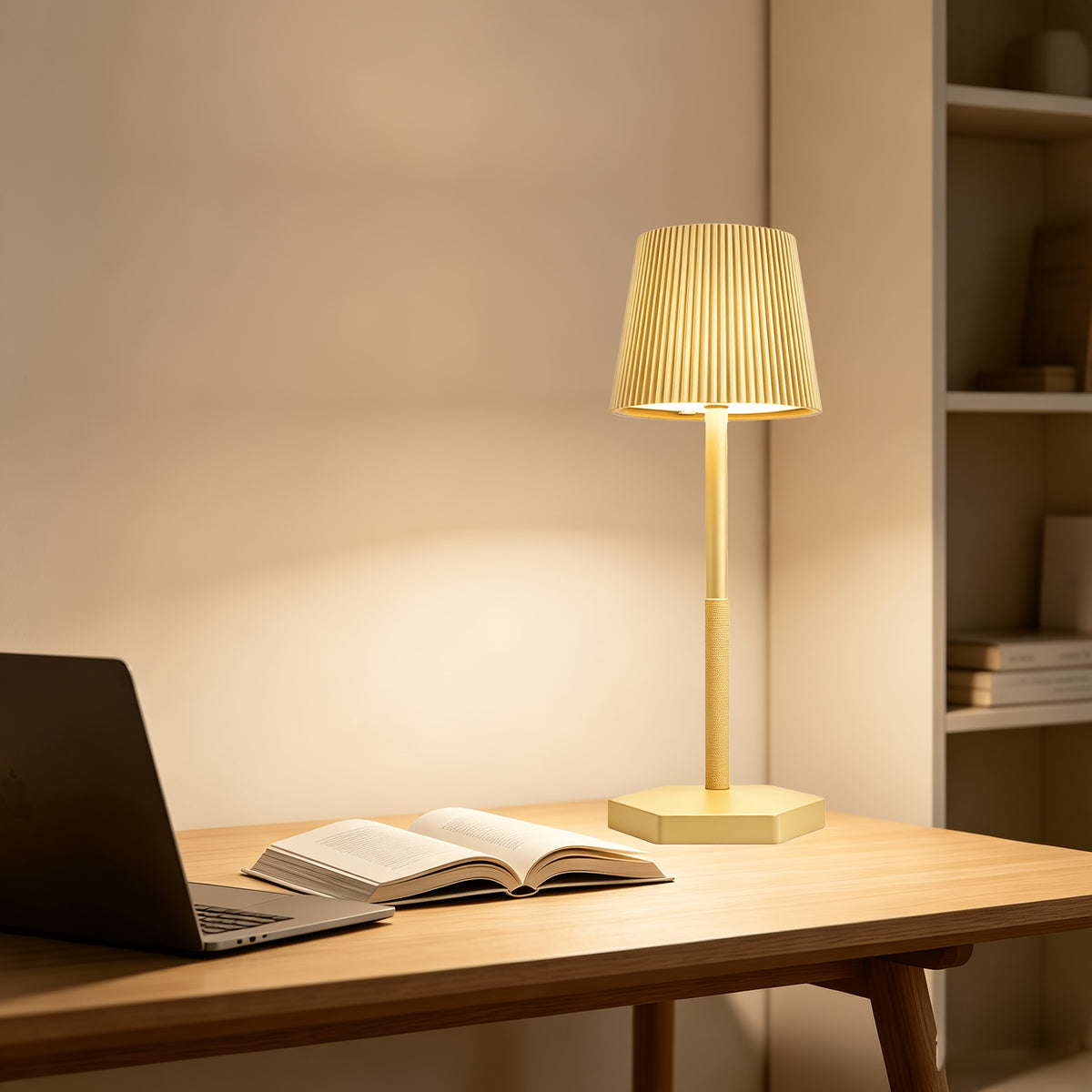 Lampe de table sans fil à abat-jour plissé, socle hexagonal tactile