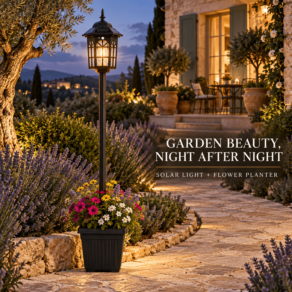 Lampadaire solaire de jardin à lanterne carrée et jardinière