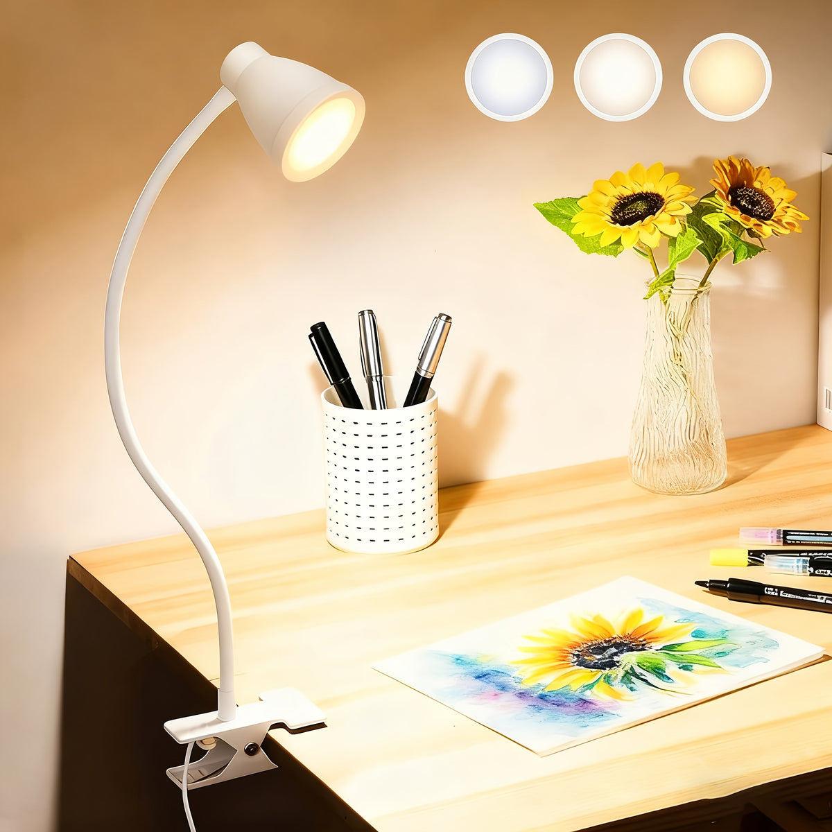 Lampe de bureau à pince blanche à tête conique, câble USB de 157 cm