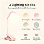 Lampe de lecture à pince rose pliable, col silicone, recharge USB
