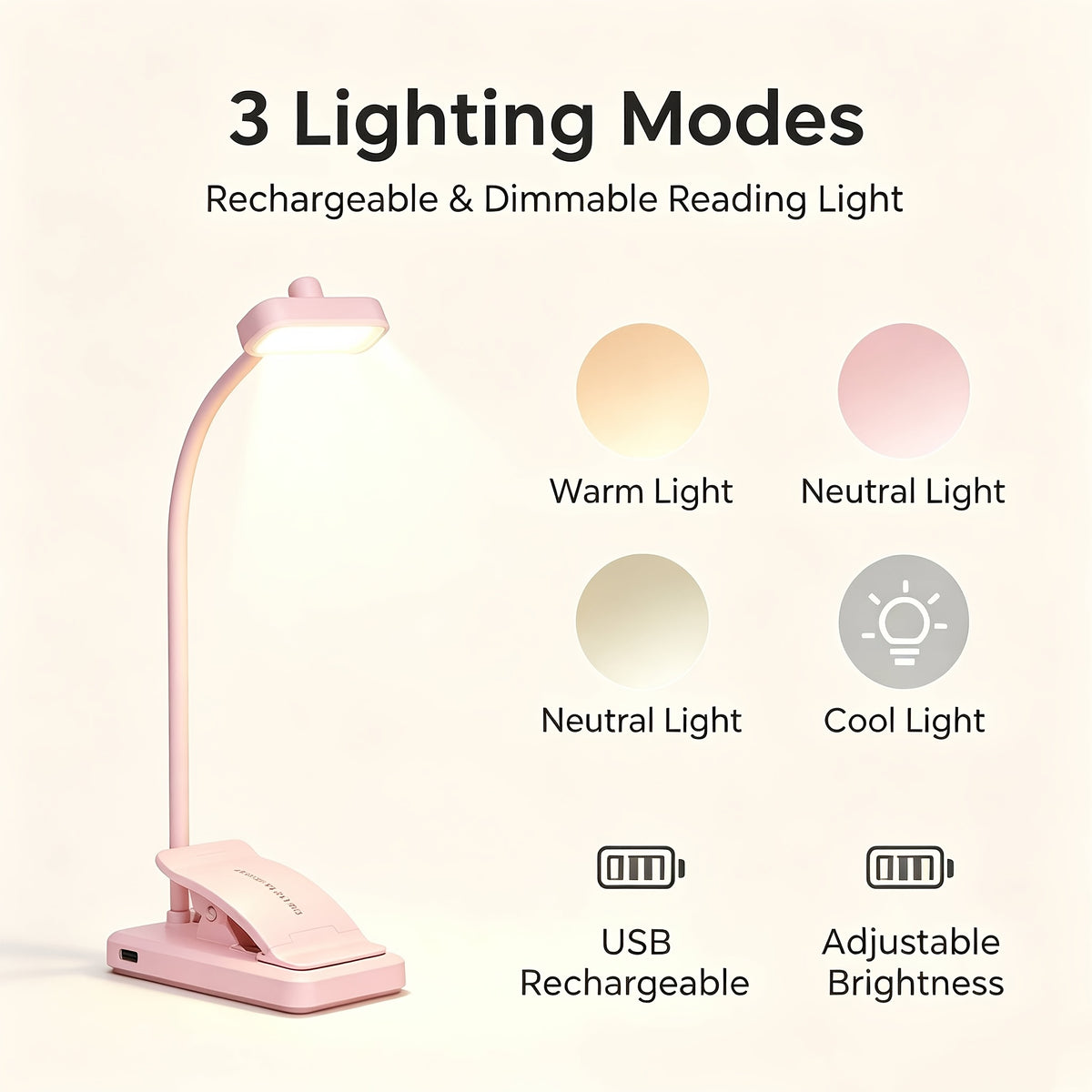 Lampe de lecture à pince rose pliable, col silicone, recharge USB