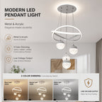 Lustre LED anneaux croisés et trois globes effet cristal, Ø 40 cm